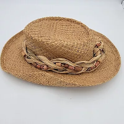 Cappelli Miami Florida Beige Vintage Wooven Straw Paper Sun Beach Hat Beads Knot • $28