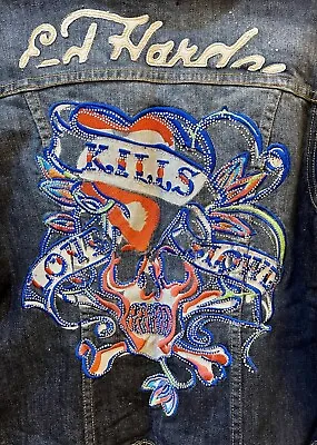 Vintage Ed Hardy By Christian Audigier LOVE KILLS SLOWLY Jean Jacket  Sz M • £59.84