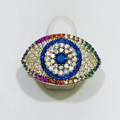 Yellow Gold Sterling Silver Rainbow Sapphire Evil Eye Pave Band Halo Ring Sz 10 • $64