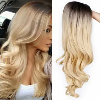 Dark Brown Root To Gold Ombre Long Wavy Curly Blonde Wig Women Synthetic Hair • $17.99