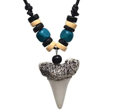 Mens Retro Biker Beaded Surfer Necklace SHARK TOOTH Pendant Boys Birthday Gift • £6.89