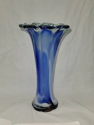 Hand Blown Blue Glass Vase Trumpet Shape Pontil Mark Vintage Murano 10.5 In 5206 • $72.25