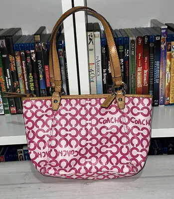 Coach Leah Leather Mini Purse Hang Bag Op Art Pink Allover Logo So Cute • $24.99
