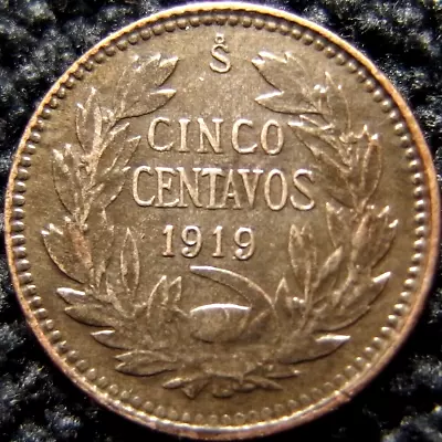 Chile High-Grade 1919 5 Centavos 45% Silver Coin • $5