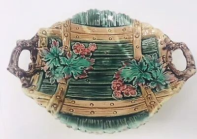 Antique Majolica Relief Molded Leaves Flowers Brown Green Two Handle Bowl 10” • $44.99