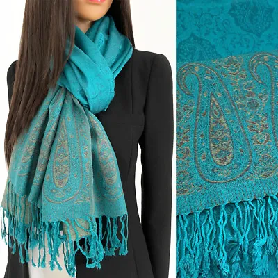 Teal Turquoise Large Paisley Pashmina Shawl Wrap Evening Scarf Long Cotton Gift • £10.94