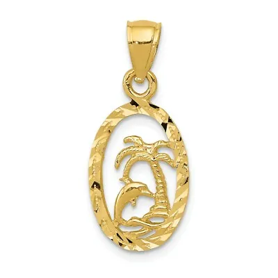 $102 • Buy 14k 14kt Yellow Gold Dolphin And Palm Tree Pendant 25 Mm X 10 Mm