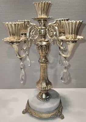 Vintage Candelabra 5 Arm Candle Holder 12” Metal Silver Plate . Hanging Crystal • $55.55