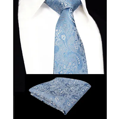 Luxury Pale Sky Blue Mens Tie Handkerchief Silk Set Pocket Square Napkin Hanky • £11.99