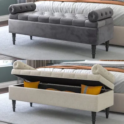 Velvet Padded Storage Ottoman Bench Armed Hallway Window Seat Bed End Stool Box • £132.95