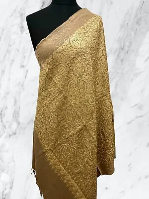 Luxurious Kashmiri Embroidery Shawl Scarf Wrap  Hijab Fine Wool Beige/ Brown • £20
