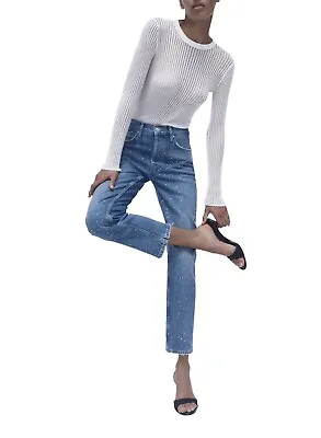Zara ZW The High Rise Cropped Rhinestone Jeans Sz 6 EU 38 Worn Once • $39