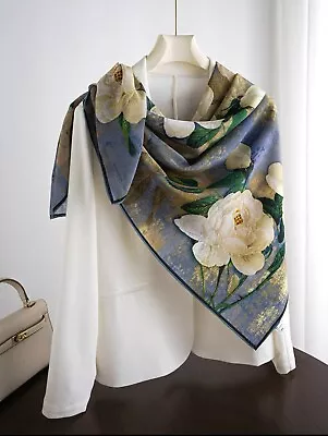 Camellia 41” Square 100% Mulberry Silk Scarf Blue Floral Large Vintage • £33.56