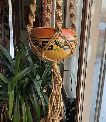 Vintage Mexico Hanging Macrame Clay Flower Pot Planter Hand Made Painted Pottery • $75