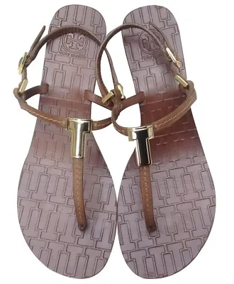TORY BURCH Pauline Brown  Leather Low Heel Thong T Strap Sandals Size 10.5 • $64.99