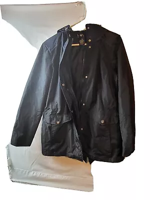 Nicole Miller Black Hooded Utility Raincoat Pockets Medium Weight • $40