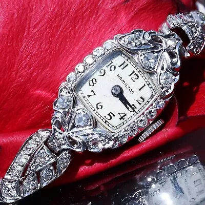 Hamilton Platinum And Diamond Dress Watch Women's 1.00ct Diamond Winding Antique • $2850