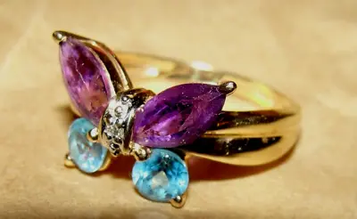 Vintage 14k 14kt Figural Butterfly Ring Topaz Amethyst Diamond Size 6 Great Gift • $194.99