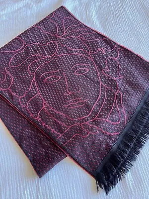 Versace Large Medusa Head Burgundy Reversible Fringe Scarf 14.5” X 71” • $55