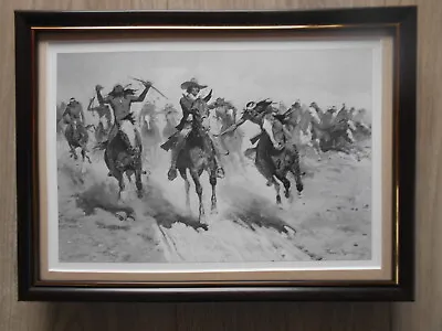 Frederic Remington Wild West B & W Print 'My Second Shot - Indian Raid' FRAMED • $28.62