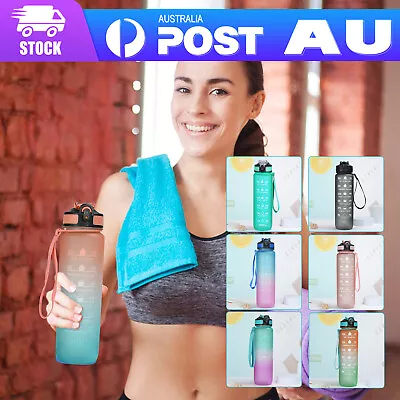 1L Water Bottle Motivational Drink Flask W/ Time Markings BPA Free Sports Gym O • $10.85