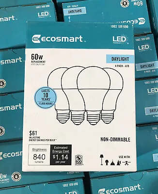 (PACK OF 4 BULBS) EcoSmart 60W Daylight A19 Energy Star Non Dimmable LED Light • $12.95