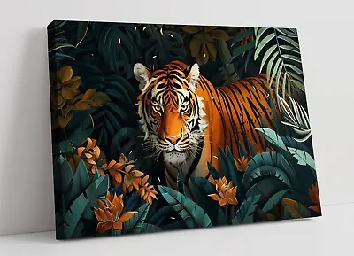 Folk Art Of Tiger In A Jungle 1 -premium Deep Framed Canvas Wall Art Print • £16.99