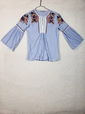 $11.99 • Buy Zara Top Women Extra Small Blue Striped Cotton Embroidered Long Sleeve Blouse