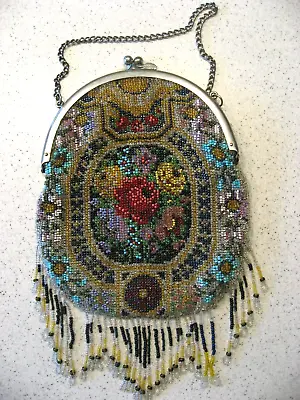 Vintage Beaded Hand Purse With Chain Decorated With Roses And Flowers • $80