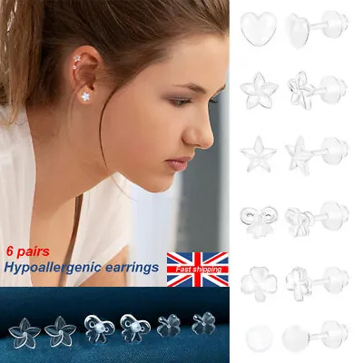 6 Pair Invisible Clear Hypoallergenic Plastic Stud Earrings For SchoolSportKid • £4.99