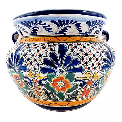 Talavera Pottery Planter Mexican Ceramic Flower Pot Blue Orange Puebla 12  • $72