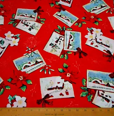 $5.25 • Buy Cotton Fabric By Half-Yard SALE Vintage Christmas Cards Bow Poinsettias Red #51