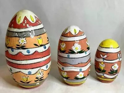 Vintage Decorative Wooden Eggs Nesting Eggs Like Nesting Dolls - 3 Eggs Painted • $15.97