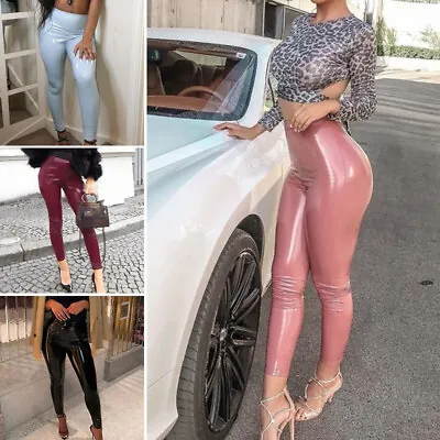 Women's Sexy PU Latex Leggings Punk Pants Skinny Vinyl Disco Trousers Clubwear • $11.39