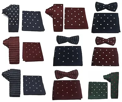 £9.99 • Buy Knit Knitted Tie Bowtie + Pocket Square Handkerchief Set Woven Polka Dots Heart