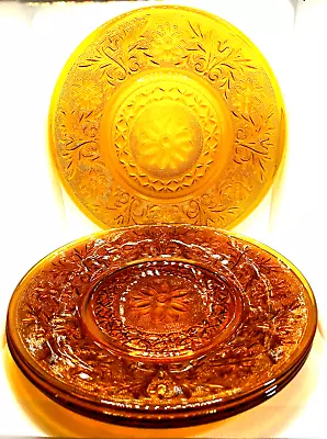 Set Of 4 Vintage Tiara GIass Amber Sandwich Indiana Glass Dinner Plates 9  Fall • $25.60