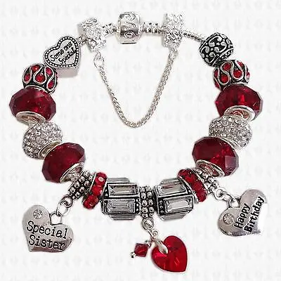 Delicious Siam RED Personalised Charm Bracelet With CRYSTAL HEART And GIFT BOX • £12.75