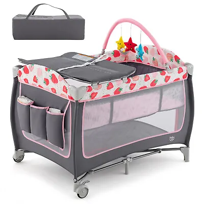 4 In 1 Baby Playard W/Toy Bar Folding Pack Play Bassinet Changing Table Pink • $102.99