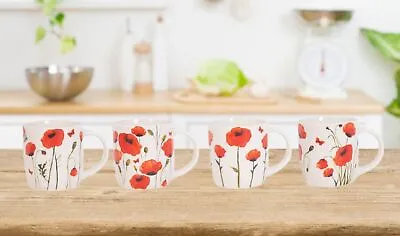 £12.95 • Buy 4 Red Poppy Mugs 12oz Bone China Coffee Tea Cappuccino Drinking Mugs Cup Set