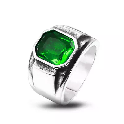 Green Stone Inlay Square Wedding Ring Stainless Steel Men's Vintage Band Rings • $11.99