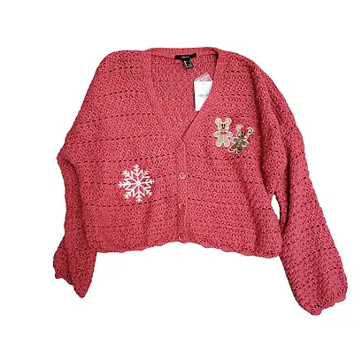 Mickey Minnie Mouse Gingerbread Knit Cardigan Dark Pink Size L Christmas • $45.99