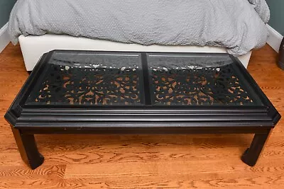 Asian Ming Dynasty Style Pierced Wood And Glass Top Rectangular Coffee Table Wit • $2950