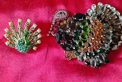 Vintage Czech  Turkey  & Peacock Pins W/Rhinestones.  • $49.99