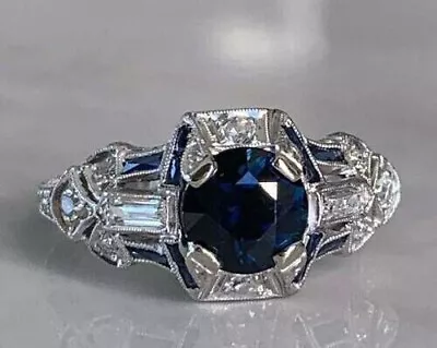 Prong Set Retro Engagement Ring 14K White Gold Plated 2.1 Ct Simulated Sapphire • $106.34