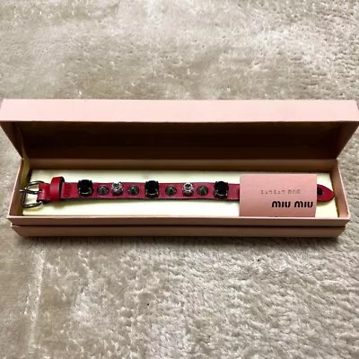 MIU MIU Pink Leather Crystal Studded Bracelet Black Red Ladies Accessories Japan • $199.99