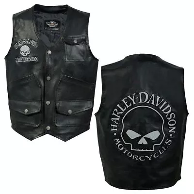 Harley Men Reflective Skull Real Leather Black Motorcycle Vest| Fashion Leather • $85