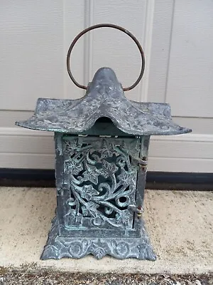 10.5 X8  Large Pagoda  Cast Metal Verdigris Teal Turquise Hanging Candle Lantern • $54.99