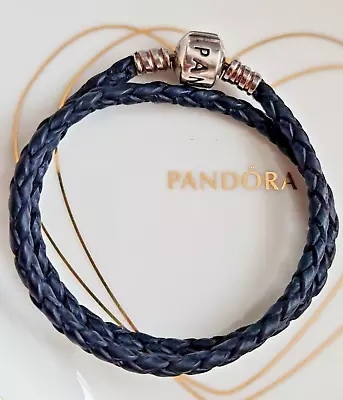 Pandora Dark Blue Double Leather Charm Bracelet 32cm • £15