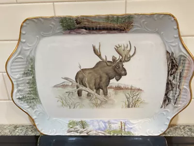 Orig Hand Painted Moose Stag Rectangle Tray Platter Ironstone  16”x11”EUC 1988 • $75