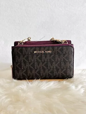 NWT Michael Kors Tina Wallet Clutch Crossbody Double Handbag Brown Plum $288 • $138